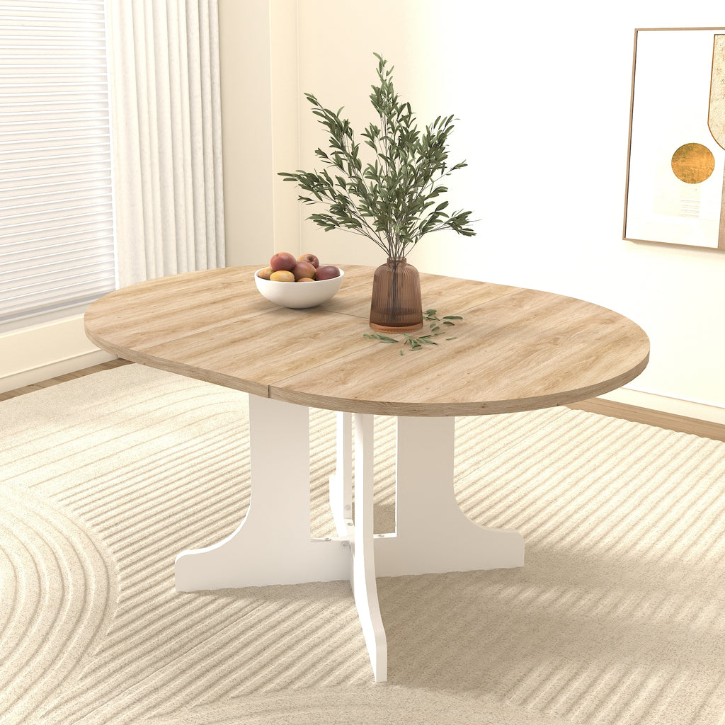 Dining Table for Farmhouse Kitchen 59x43 Inch Expandable Oval Table Top with Removable Leaf Trestle X Shaped Base White - Grand Goldman Shop