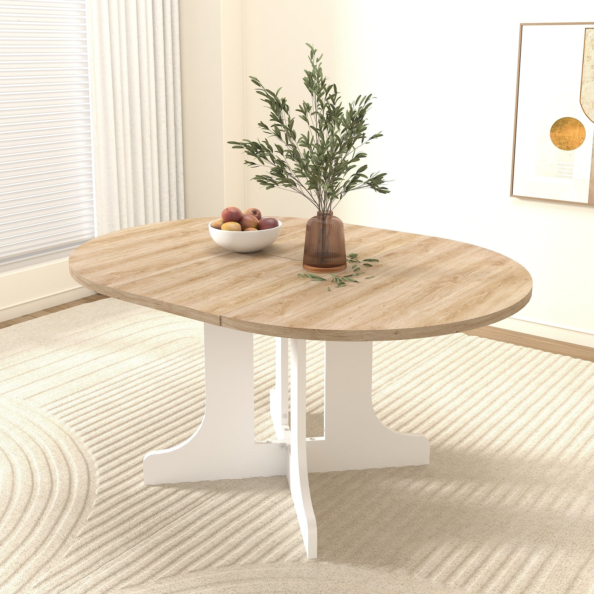 Dining Table for Farmhouse Kitchen 59x43 Inch Expandable Oval Table Top with Removable Leaf Trestle X Shaped Base White - Grand Goldman Shop