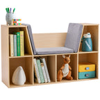 6-Cubby Kids Bookcase with Reading Nook and Cushion, Multi-Purpose Storage Organizer for Bedroom, Living Room, Natural | Prem