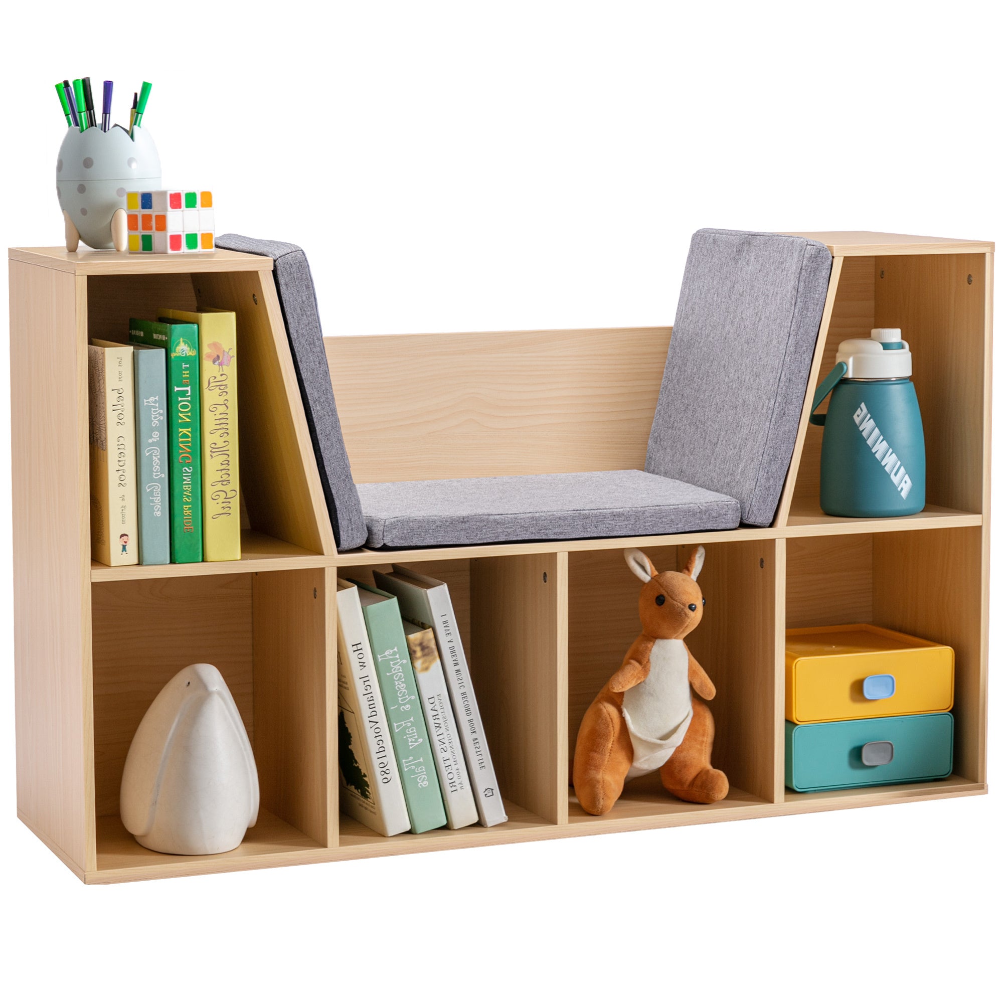 6-Cubby Kids Bookcase with Reading Nook and Cushion, Multi-Purpose Storage Organizer for Bedroom, Living Room, Natural | Prem