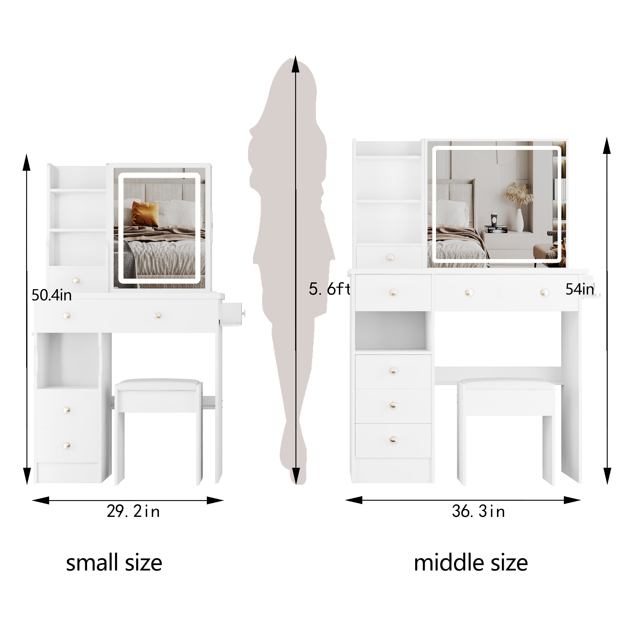 29.2' Small Size Drawer Desktop Vanity Table + Cushioned Stool, 2 AC+2 USB Power Station, Hair dryer bracket, Extra Large Touch Control Sliding LED Mirror, 3-color Switching, EPA, GCC, UL Certificate - Grand Goldman Shop