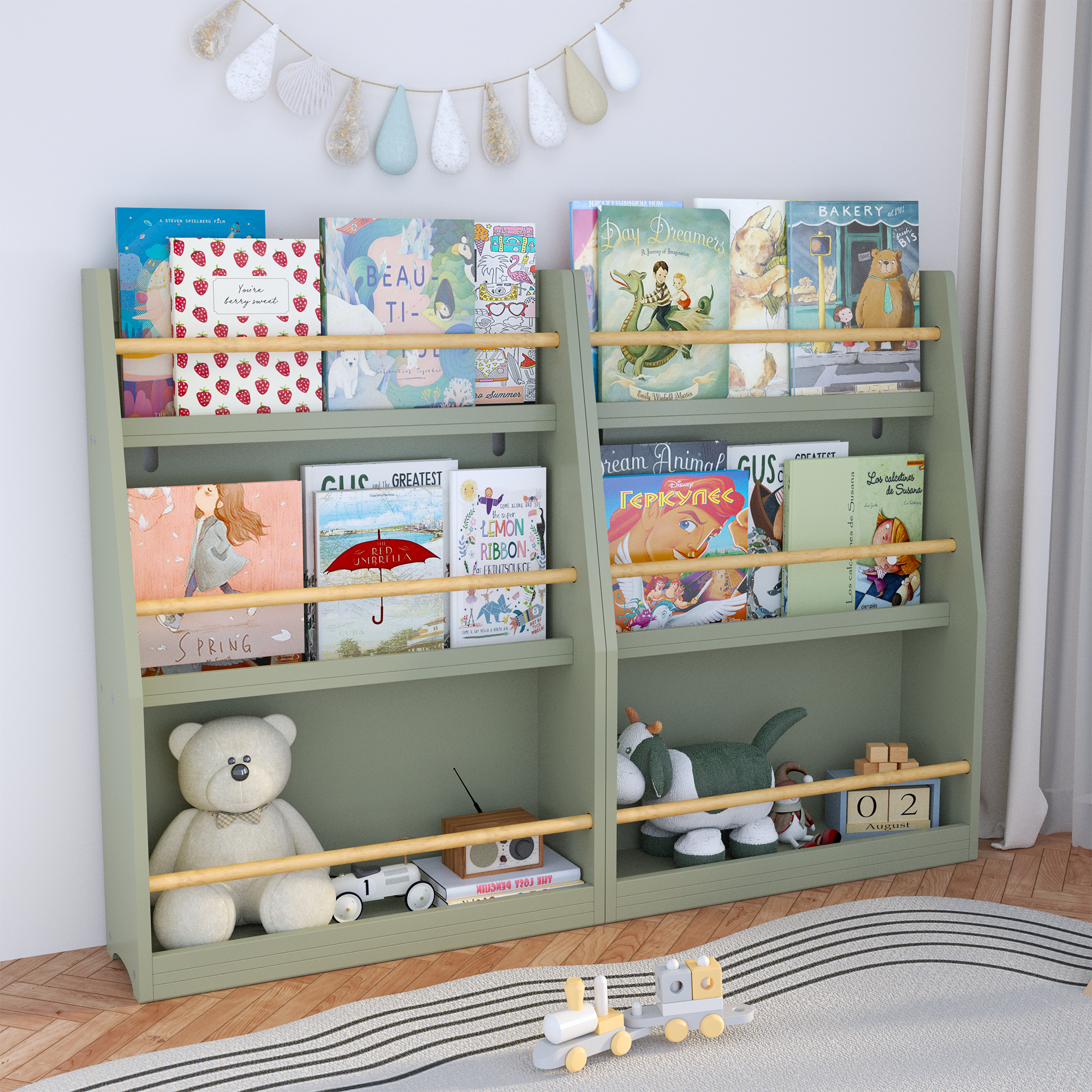 Stylish 3 Tier Kids Book Shelf in Sage with Pine Wood and MDF Construction, Compact Storage for Bedrooms, Playrooms, and Clas