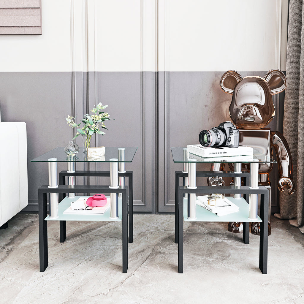 Modern Tempered Glass Tea Coffee End Table Set of 2, Transparent/Black, Metal Legs, Square Design - Grand Goldman Shop