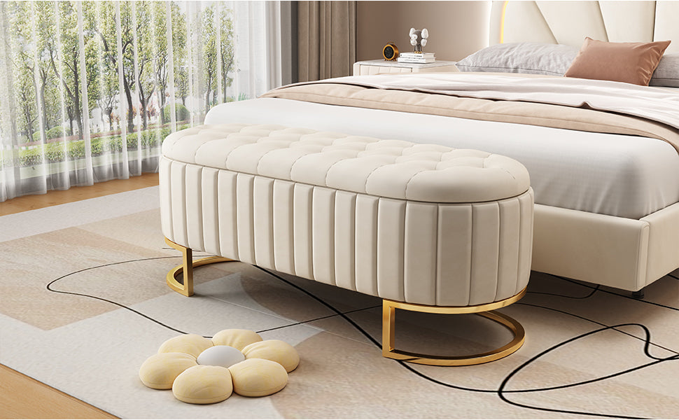 Elegant Upholstered Velvet Storage Ottoman with Button-Tufted,Storage Bench with Metal Legs for Bedroom,Living Room,Fully Assembled Except Legs,Beige - Grand Goldman Shop