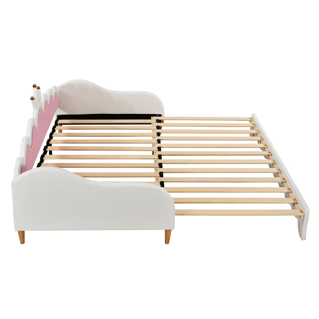 Twin Extending Daybed with LED Lights, Modern Upholstered Princess Daybed With Crown Headboard,White - Grand Goldman Shop