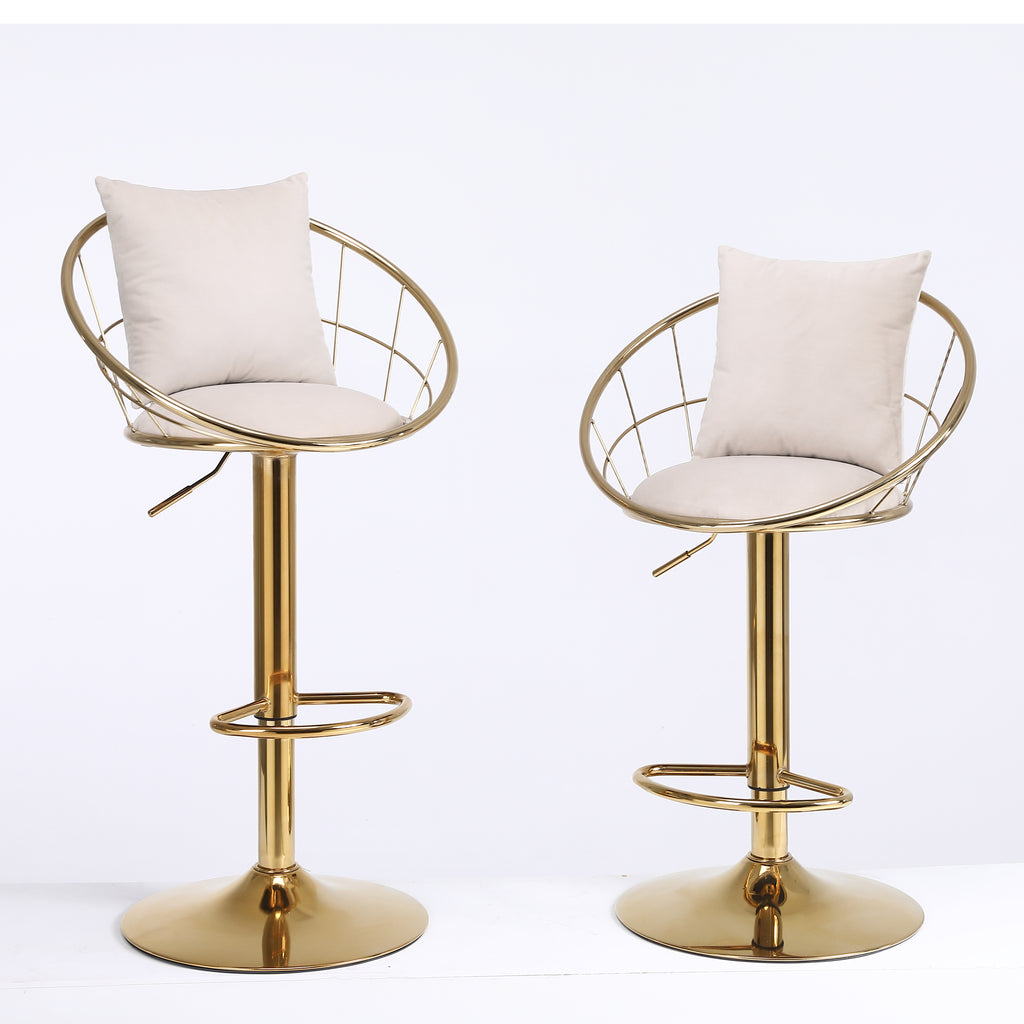 Off-White Velvet Bar Chair, Pure Gold Plated, Unique Design, 360-Degree Rotation, Adjustable Height, Suitable for Dining Room and Bar, Set of 2 - Grand Goldman Shop