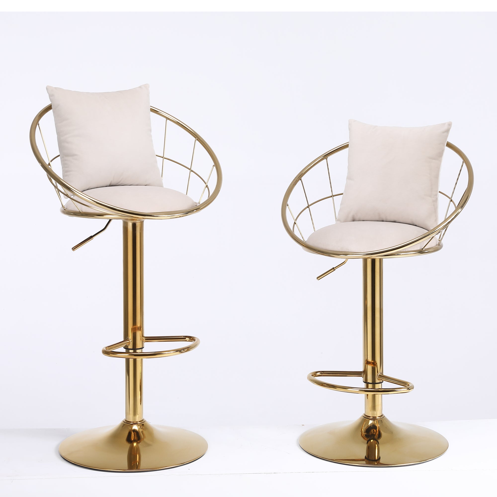 Off-White Velvet Bar Chair, Pure Gold Plated, Unique Design, 360-Degree Rotation, Adjustable Height, Suitable for Dining Room and Bar, Set of 2 - Grand Goldman Shop