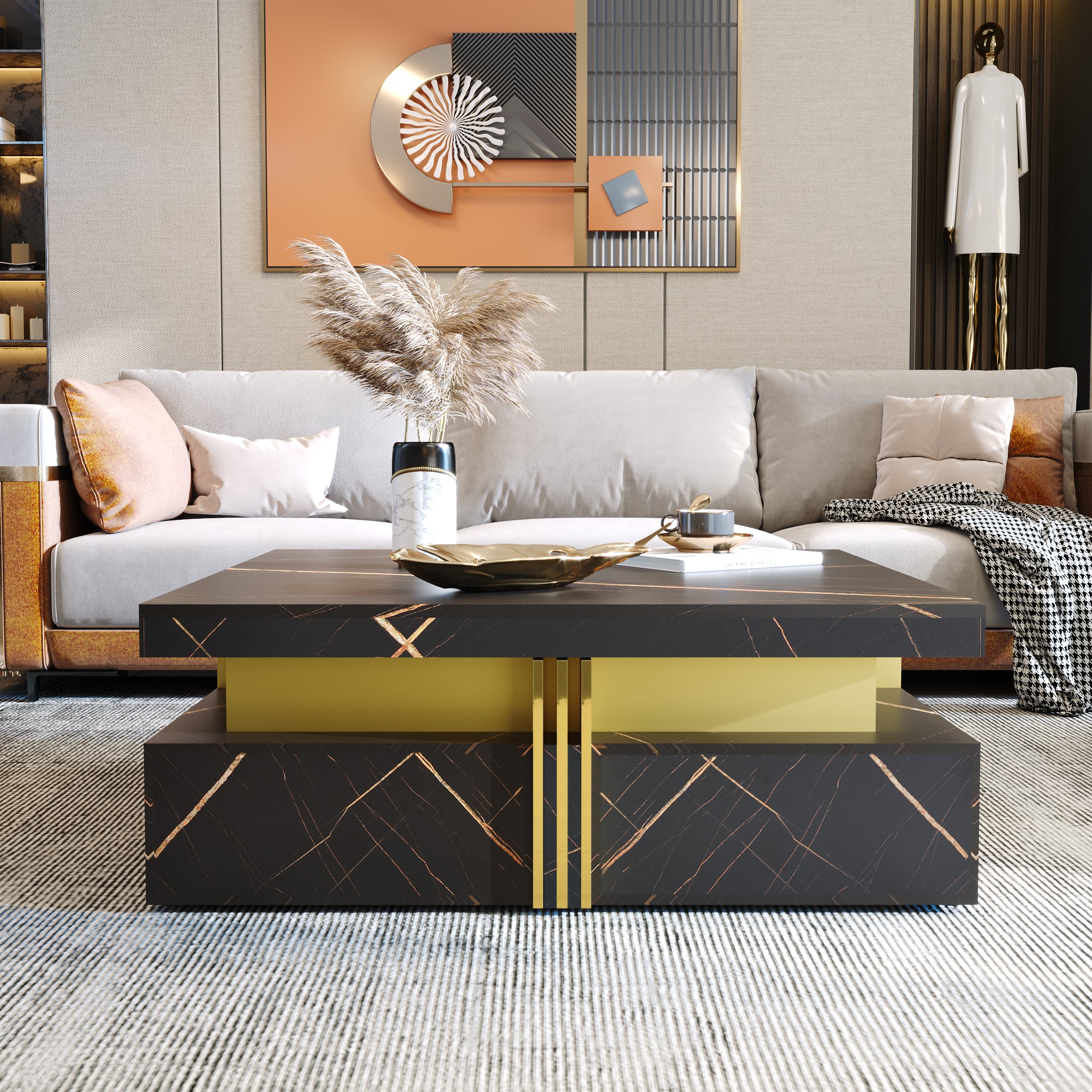 Modern Black Square Storage Coffee Table With 4 Drawers - Grand Goldman Shop