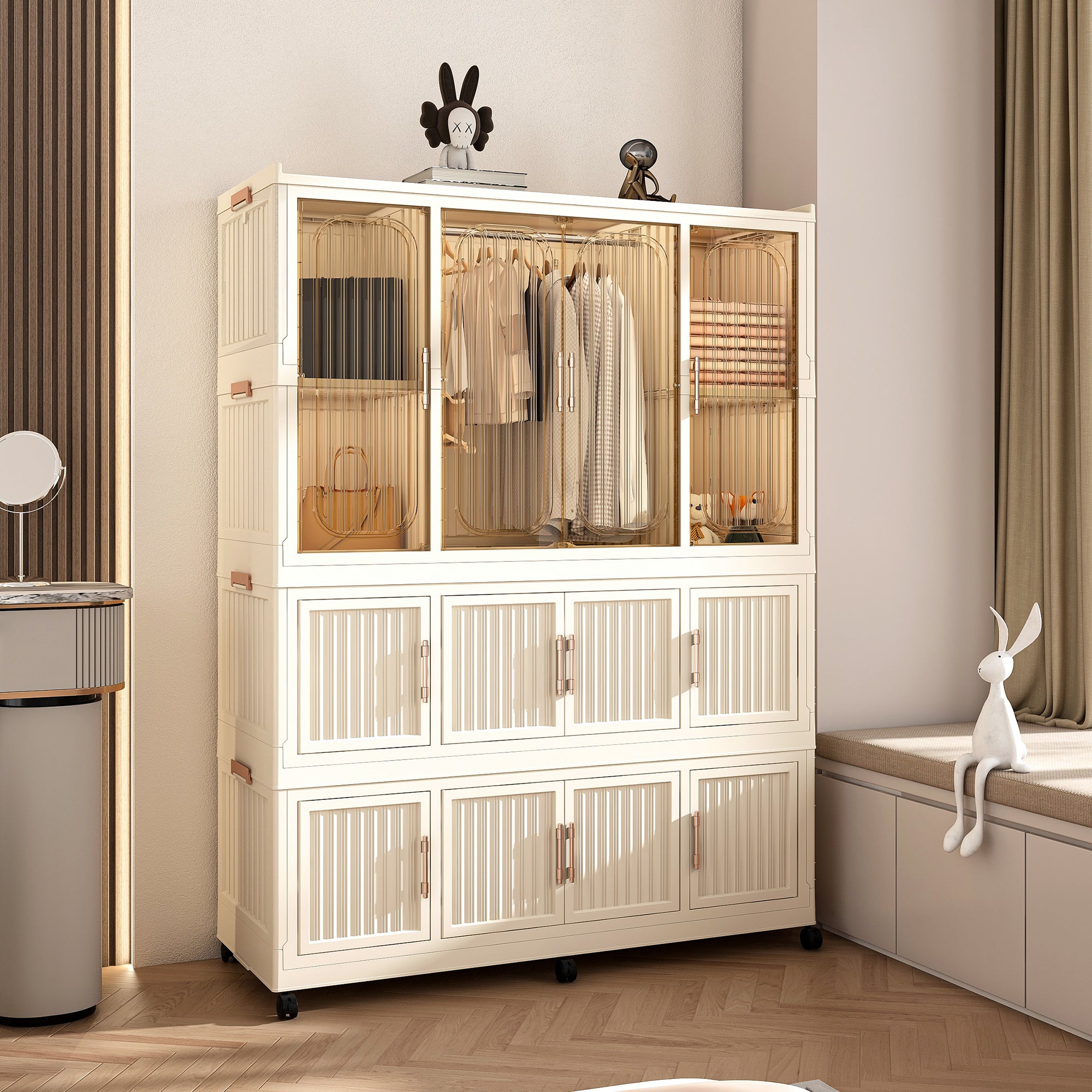 Portable Wardrobe Closet Storage Organizer for Clothes,Clothes Dresser,12 Magnetic Doors-12 Cubes & 1 Hanging Rod,6 pcs hangers , Baby Wardrobe Storage Cabinet,White - Grand Goldman Shop
