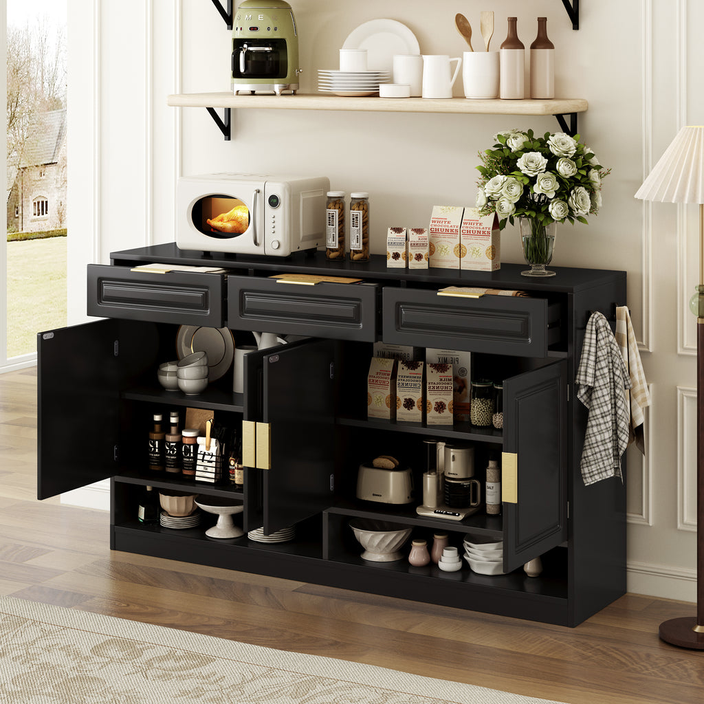 U-Style Farmhouse Sideboard with 3 Drawers & 4 Doors,59.1' Multi-Functional Storage Buffet with Adjustable Shelf and Open Storage Compartments, Suitable for Dining Room, Living Room, Entryway. - Grand Goldman Shop