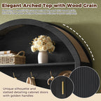 Farmhouse Fabric Arched Top Hall Tree with 5 Metal Hooks, All-in-One Mudroom Furniture with Adjustable Shelves, Mid-Century Fluted Door Entryway Bench with Wood Grain Finish for Hallway, Black - Grand Goldman Shop