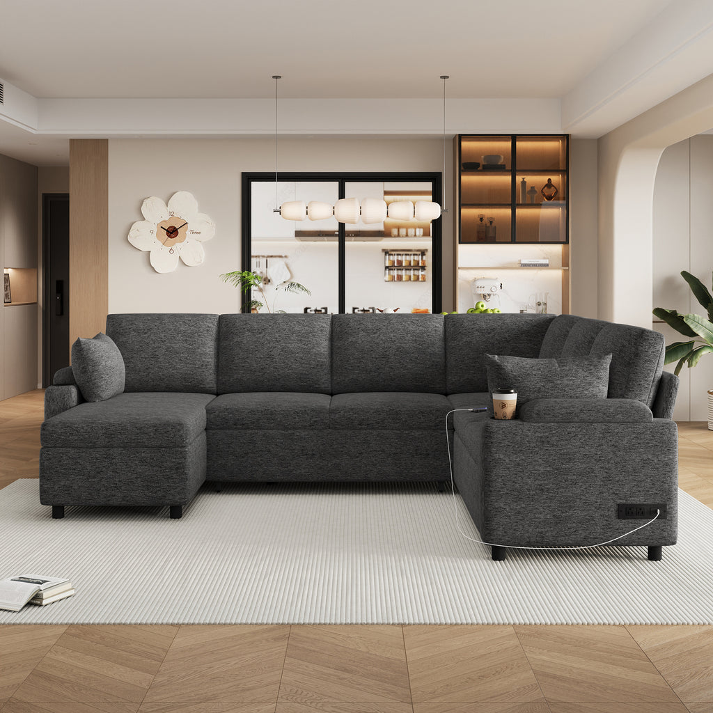 Versatile U-Shaped Sectional Sofa Bed with Storage, Cup Holders, Charging Ports in Grey Chenille - Grand Goldman Shop