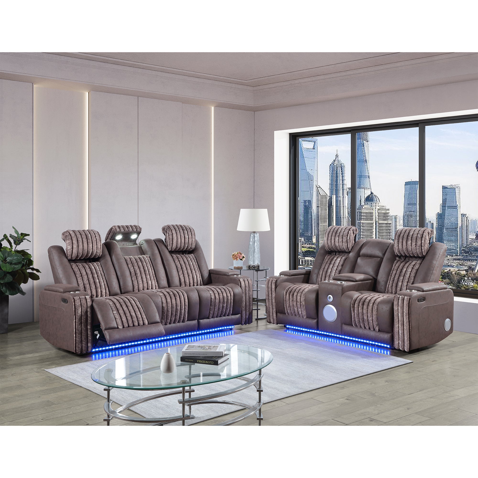 Duran Brown Power Reclining Sofa and Loveseat with Power Headrest, LED Lighting, USB Charging, and Bluetooth Speaker - Brown Wood Finish - Grand Goldman Shop