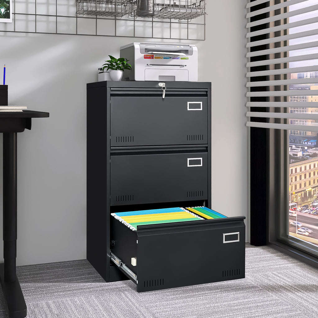 Black Metal 3-Drawer Lateral Filing Cabinet with Lock for Home and Office - Grand Goldman
