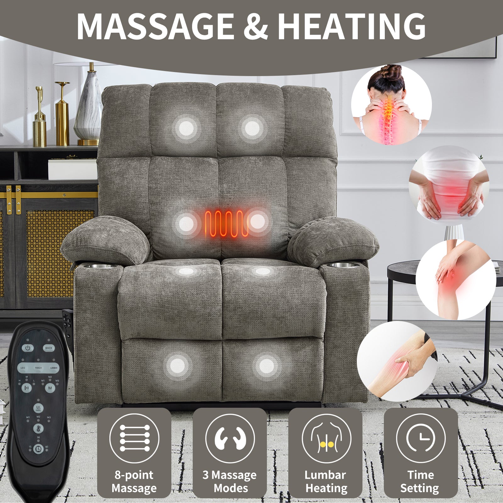 Brown Dual Motor Infinite Position Up to 350 LBS Chenille Power Lift Recliner Chair, Heavy Duty Motion Mechanism with 8-Point Vibration Massage and Lumbar Heating, Dual Cup Holders - Grand Goldman Shop