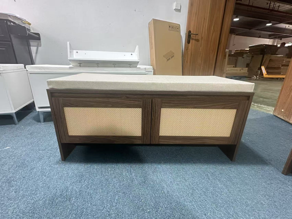 Mid-Century Modern PP Rattan Storage Bench with Cushion, Faux Rattan Shoe Cabinet with 2 Doors, Natural Finish, Wood and Rattan Construction, 39.4 x 15.75 x 17.72 inches - Grand Goldman Shop