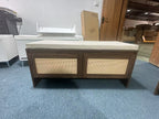 Mid-Century Modern PP Rattan Storage Bench with Cushion, Faux Rattan Shoe Cabinet with 2 Doors, Natural Finish, Wood and Rattan Construction, 39.4 x 15.75 x 17.72 inches - Grand Goldman Shop