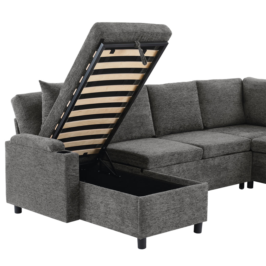 Versatile U-Shaped Sectional Sofa Bed with Storage, Cup Holders, Charging Ports in Grey Chenille - Grand Goldman Shop