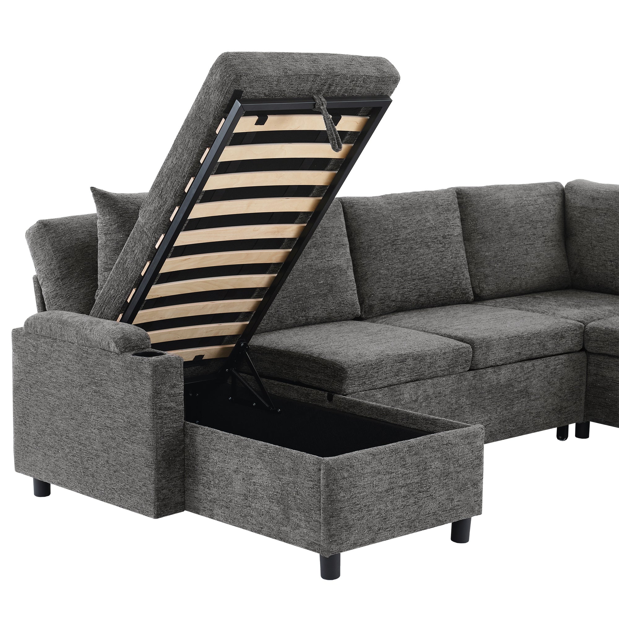 Versatile U-Shaped Sectional Sofa Bed with Storage, Cup Holders, Charging Ports in Grey Chenille - Grand Goldman Shop