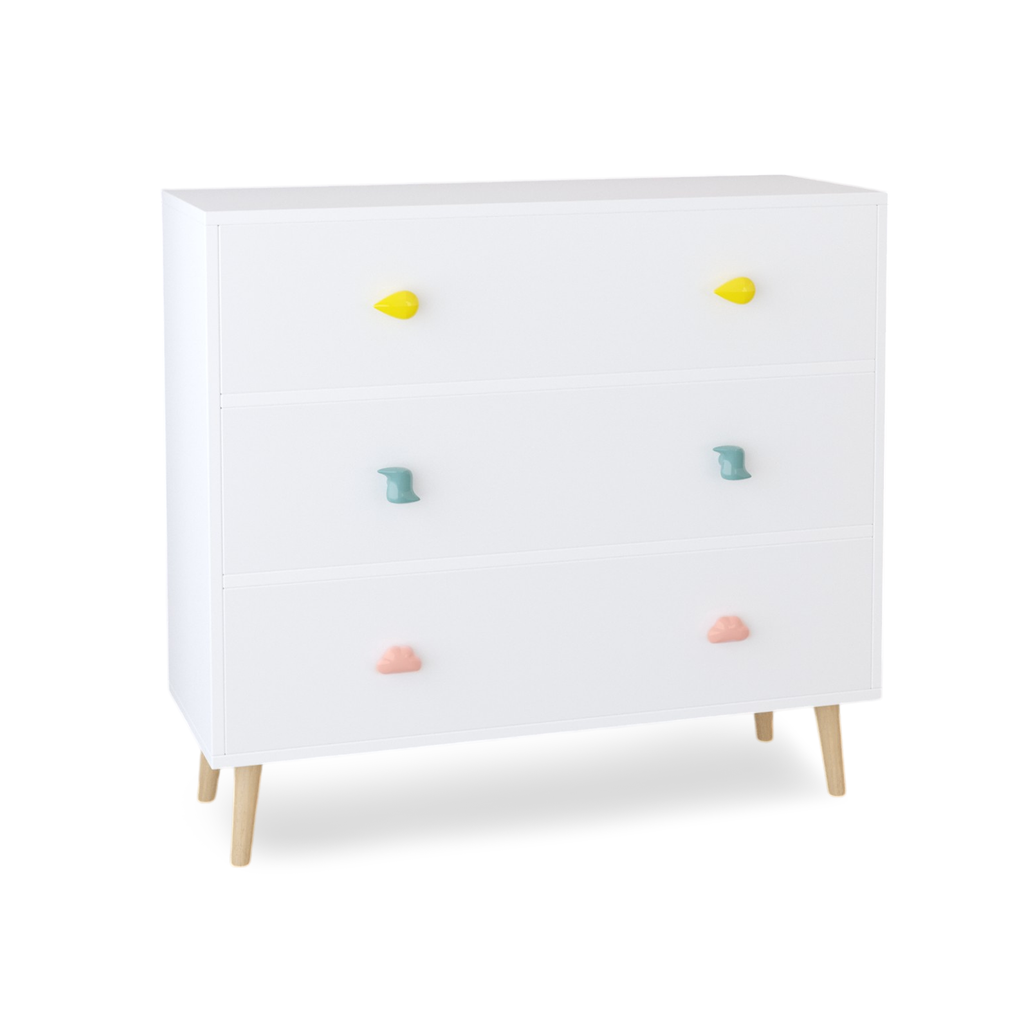 Kids 3 Drawer Dresser, White Nursery Storage Cabinet with Anti-Tip Safety Feature, Solid Wood and MDF Construction, Compact D