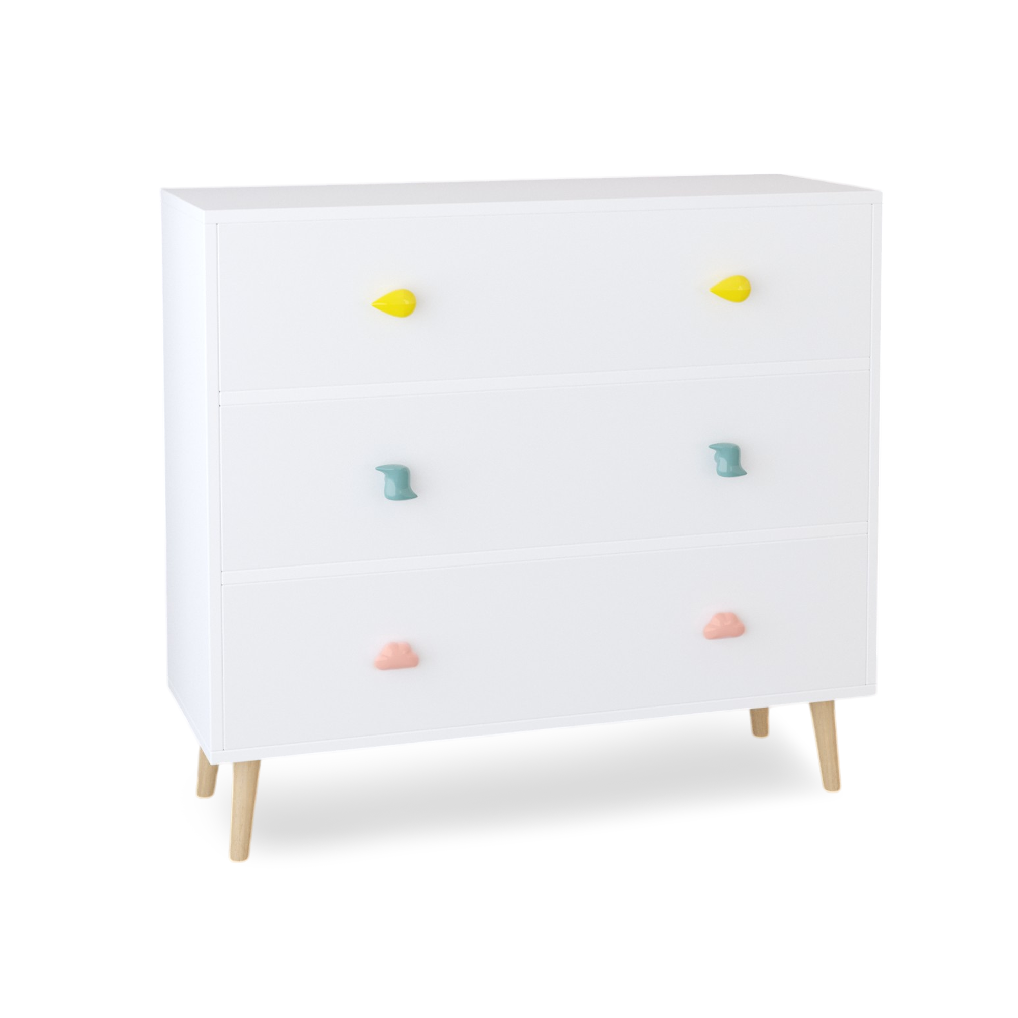 Kids 3 Drawer Dresser, White Nursery Storage Cabinet with Anti-Tip Safety Feature, Solid Wood and MDF Construction, Compact D