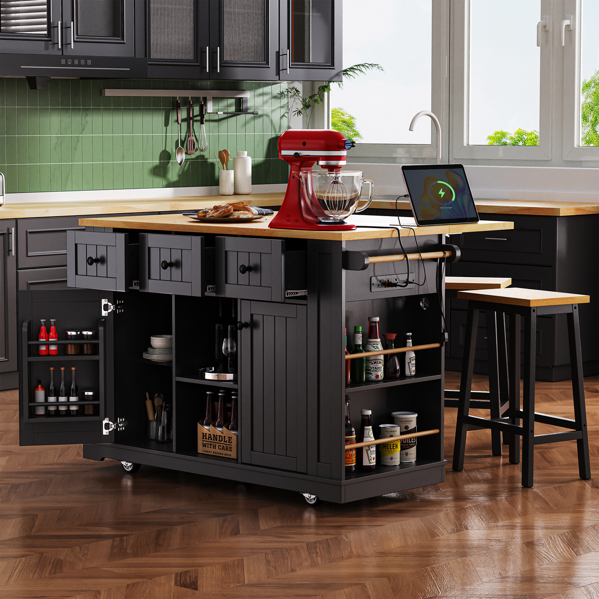 K&K 53inch Large Kitchen Island with 2 Bar Stools, Power Outlet,Door Internal Storage Rack, Kitchen Storage Cart on 5 Wheels with Drop Leaf, 5 Open Side Racks, 3 Drawers,Black (Three Packages) - Grand Goldman Shop