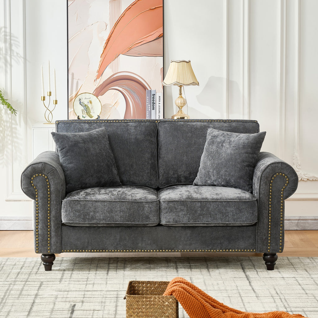 Modern 2-Seater Sofa with Rolled Arms, Tufted Upholstered Couch in Gray Fabric, 63 Inches - Grand Goldman Shop
