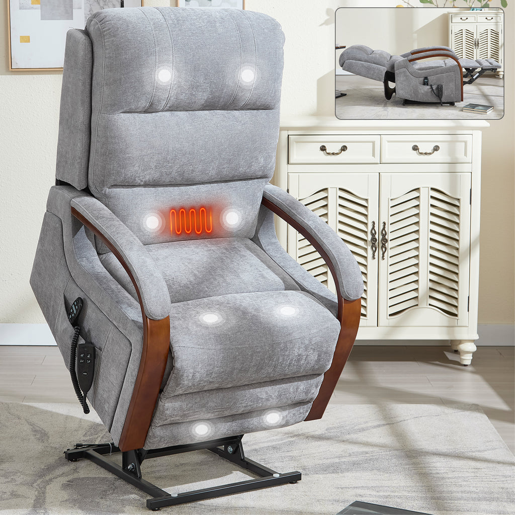 Power Grey Chenille Lift Recliner Chair Dual Motor Infinite Position Up to 350 LBS with Solid Wood Armrests, Heat Massage and Heavy Duty Motion Mechanism - Grand Goldman Shop