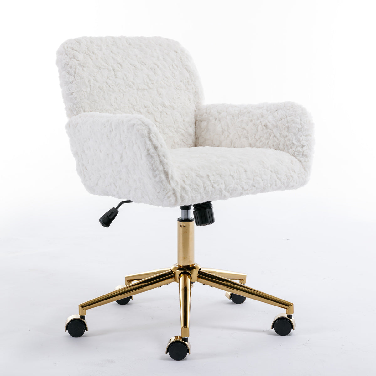 A&A Furniture Artificial Rabbit Hair Office Chair with Golden Metal Base, Adjustable Swivel Vanity Chair, Beige Velvet - Gran