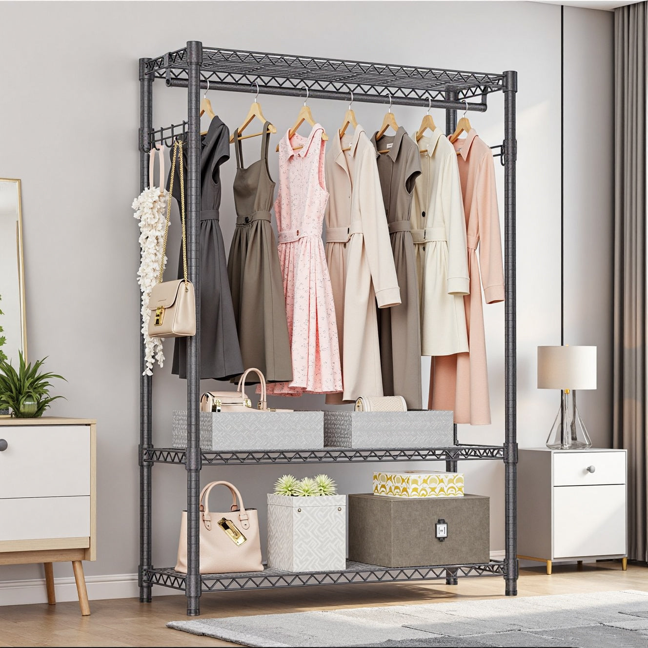 Heavy Duty Garment Rack, Freestanding Clothing Rack for Hanging Clothes with 1 Rod, 3 Tiers & Side Hooks, Adjustable Metal Wardrobe Closet Organizer, 45.3' W x 15.7' D x 72.4' H, Dark Grey - Grand Goldman Shop