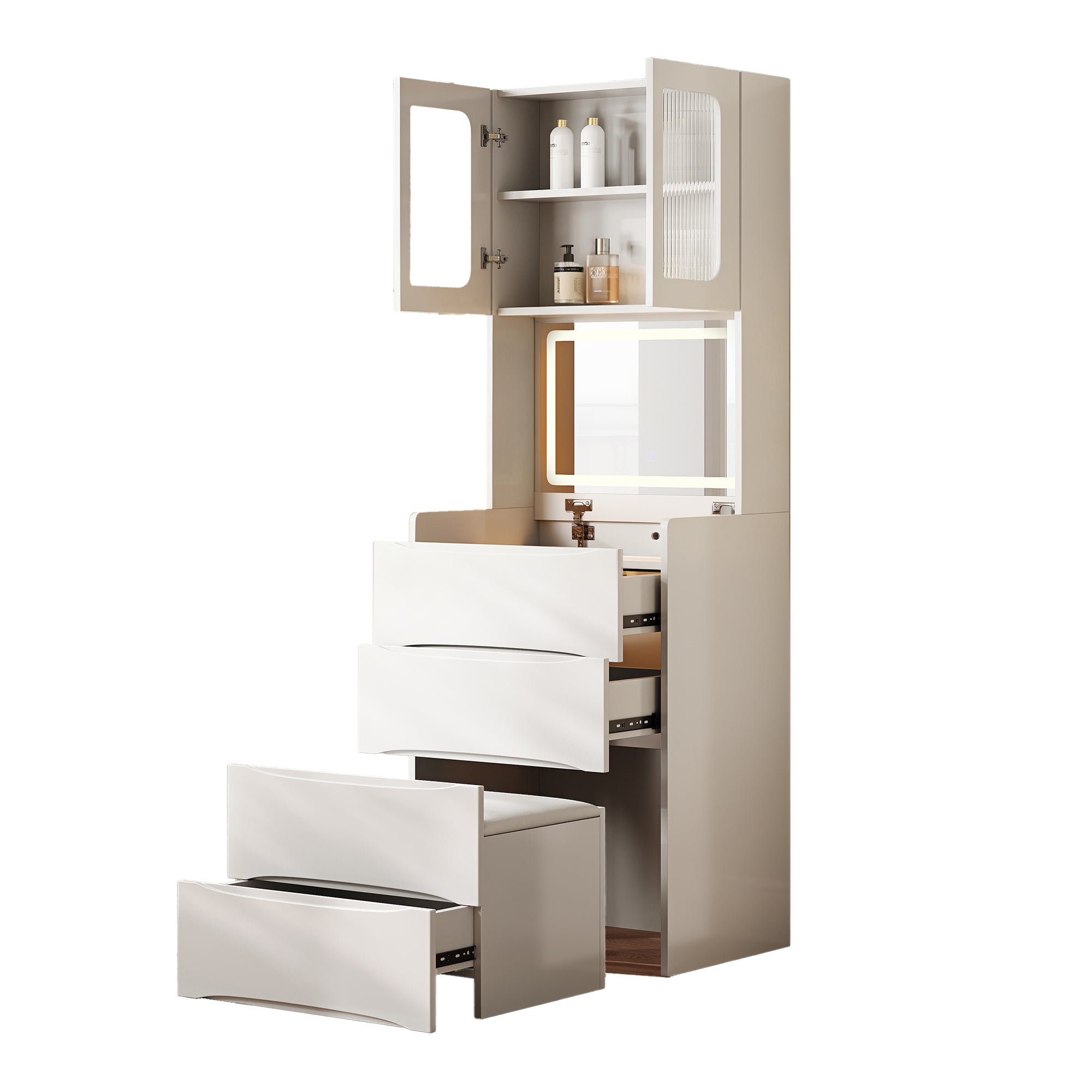 3-in-1 Vanity Table with LED Mirror & Storage Stool, Flip Top Makeup Dressing Table with Adjustable Lights, 5 Storage Spaces Cosmetic Organizer for Bedroom - Grand Goldman Shop