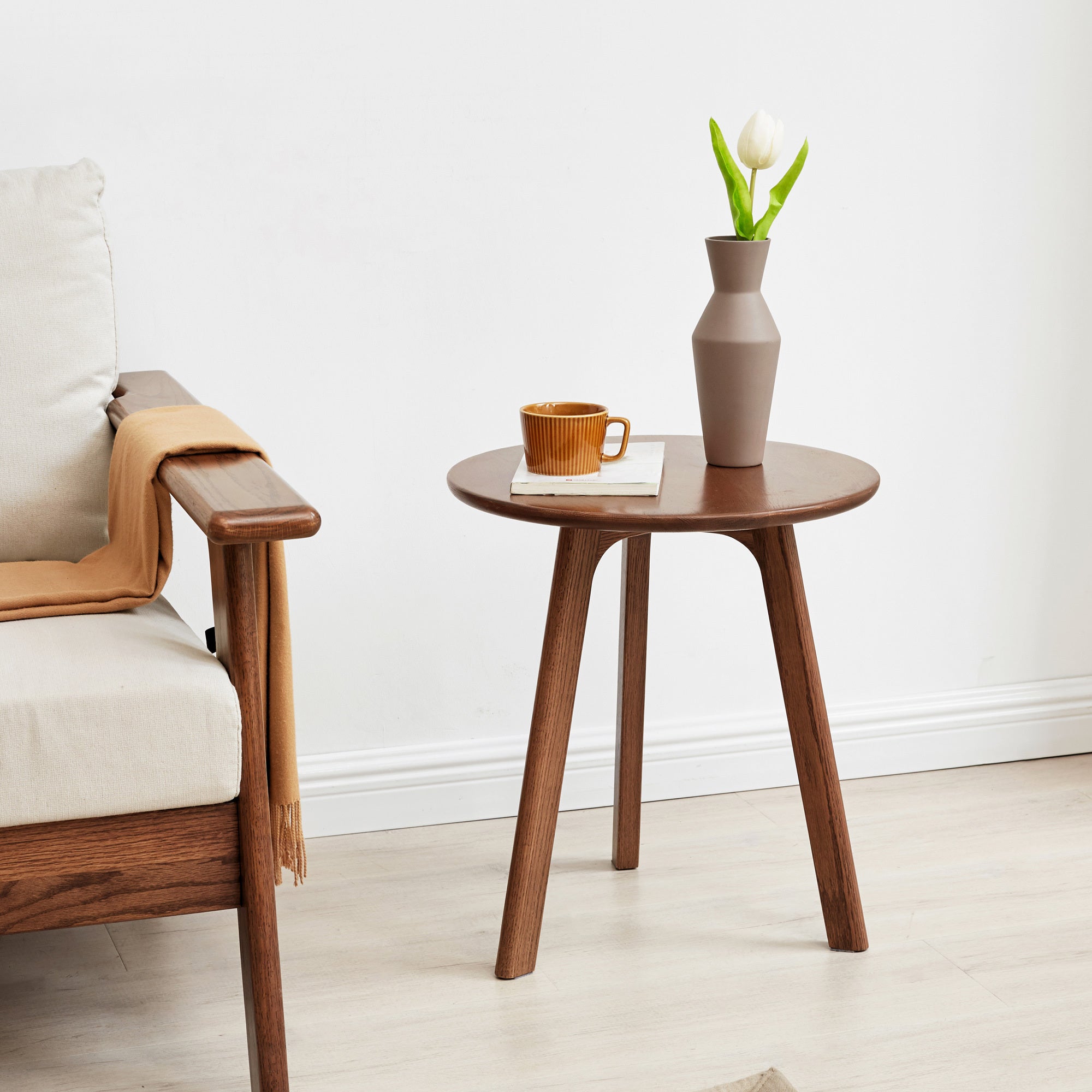 Solid Oak Round End Table - Versatile Coffee Table/Night Stand in Walnut Finish, Easy Assembly - Grand Goldman Shop