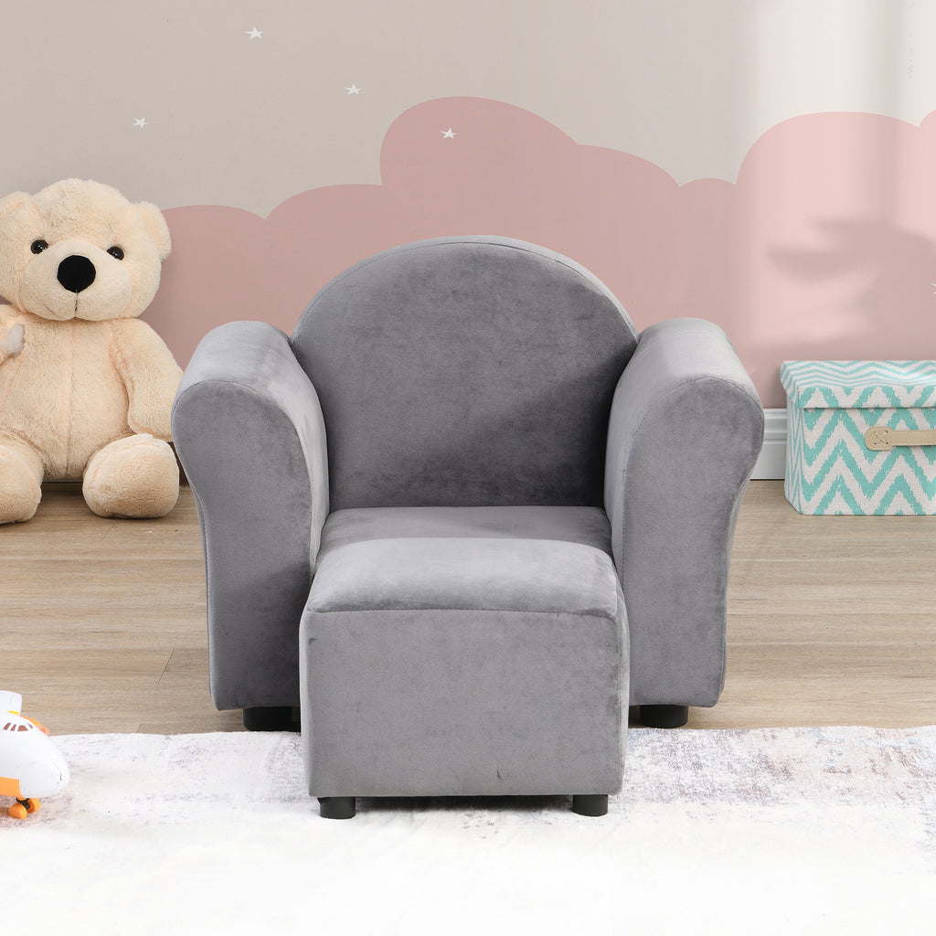 Kids Gray Velvet Upholstered Chair with Ottoman for Comfortable Seating - Grand Goldman