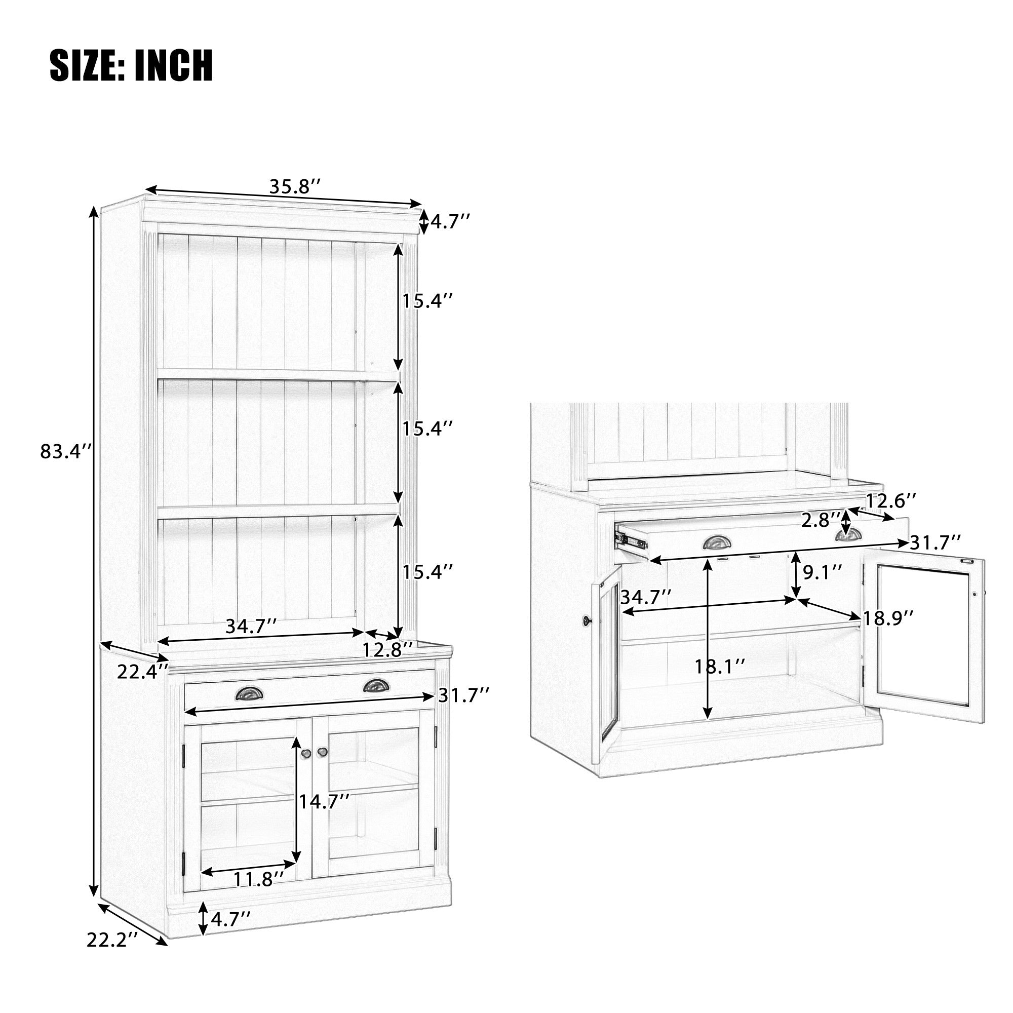 83.4'Tall Bookshelf Suite with LED Lighting, Modern Bookcases with Glass Doors and Drawers,2-Piece Set Storage Bookcase Suite