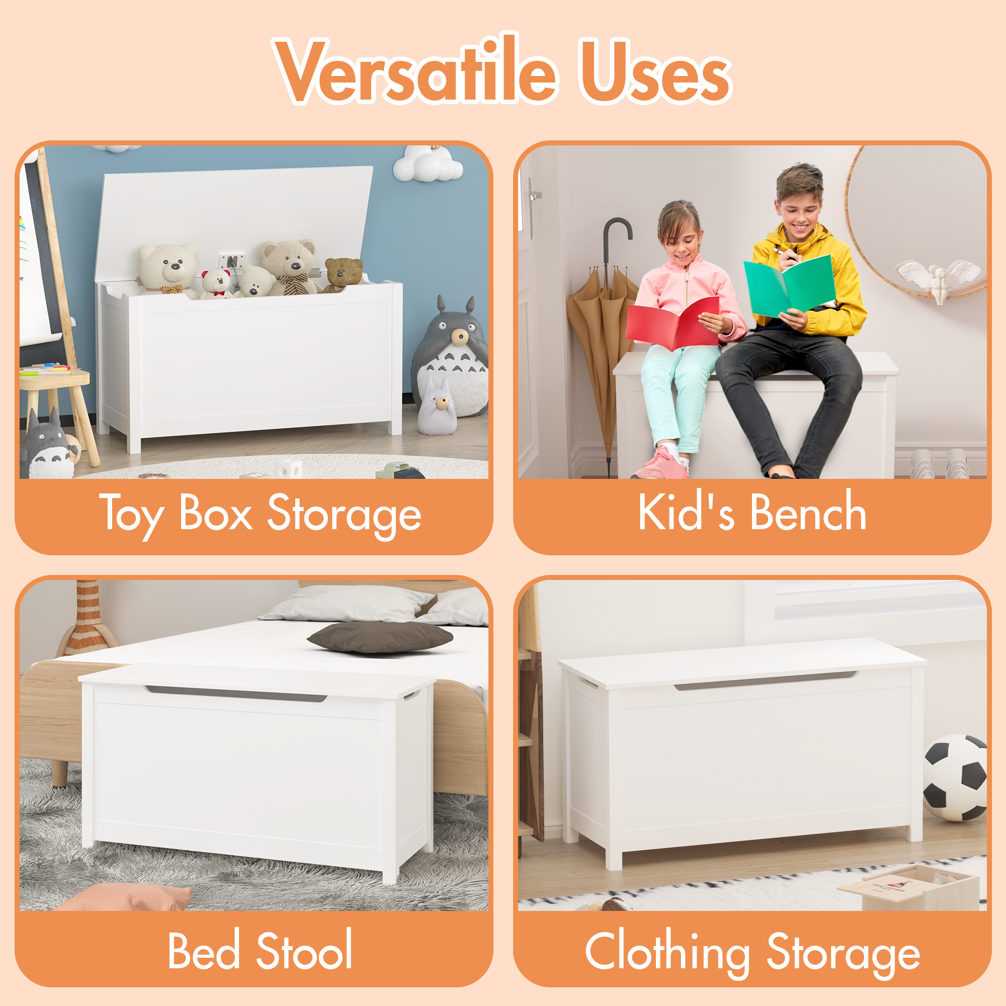 Kids Wooden Toy Box Storage with Safety Hinged Lid for Ages 2+ (White) - Grand Goldman
