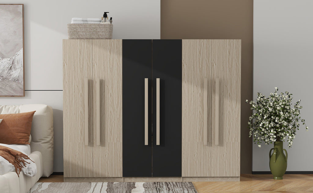 6-Doors Wooden Wardrobe Storage for Bedroom,with 2 Drawers Inside,Black+Nature - Grand Goldman Shop