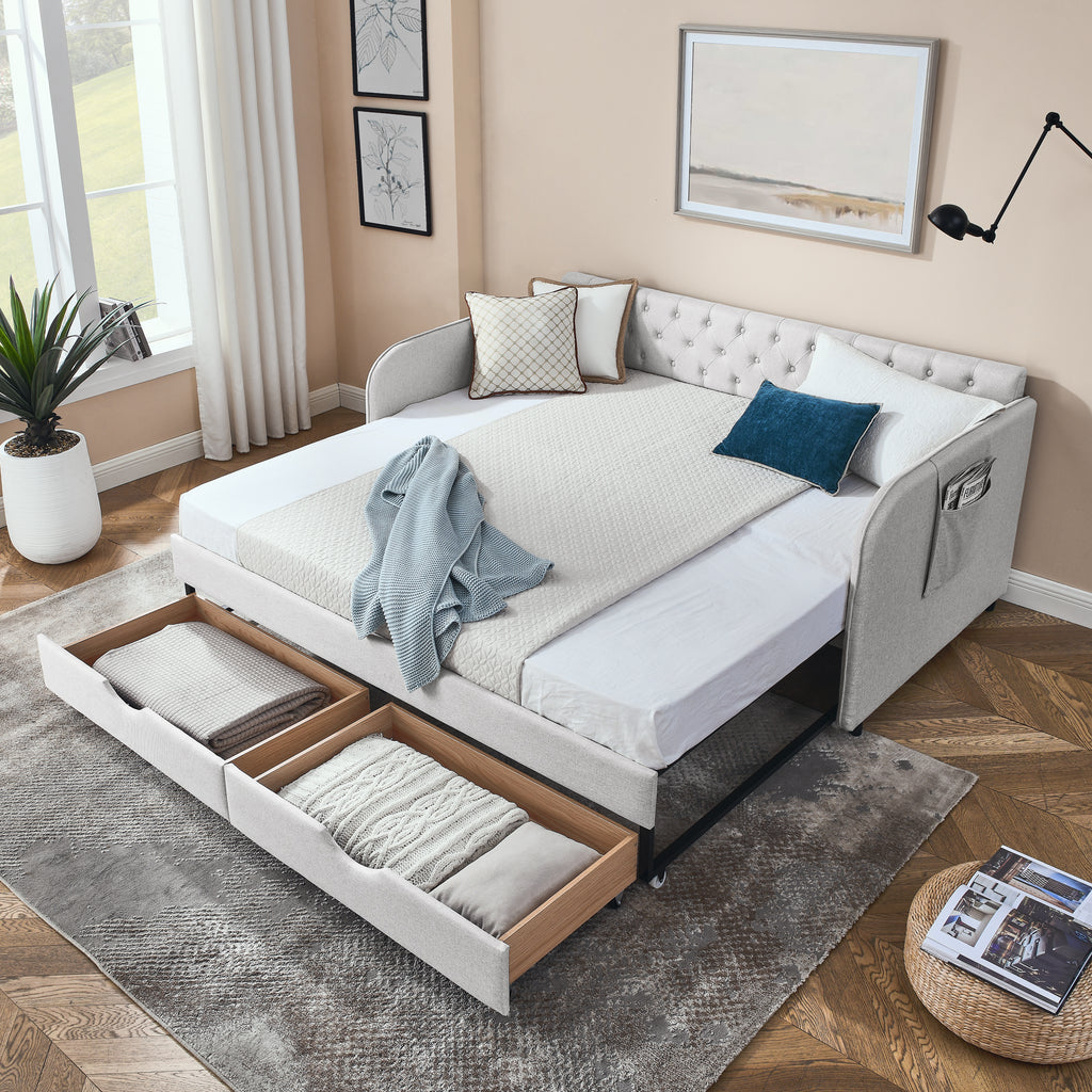 Linen Beige Twin Size Upholstered Daybed with Trundle and Storage Drawers, Flat Arms with Pocket, Extendable for Bedroom or Living Room - Grand Goldman Shop