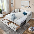Linen Beige Twin Size Upholstered Daybed with Trundle and Storage Drawers, Flat Arms with Pocket, Extendable for Bedroom or Living Room - Grand Goldman Shop