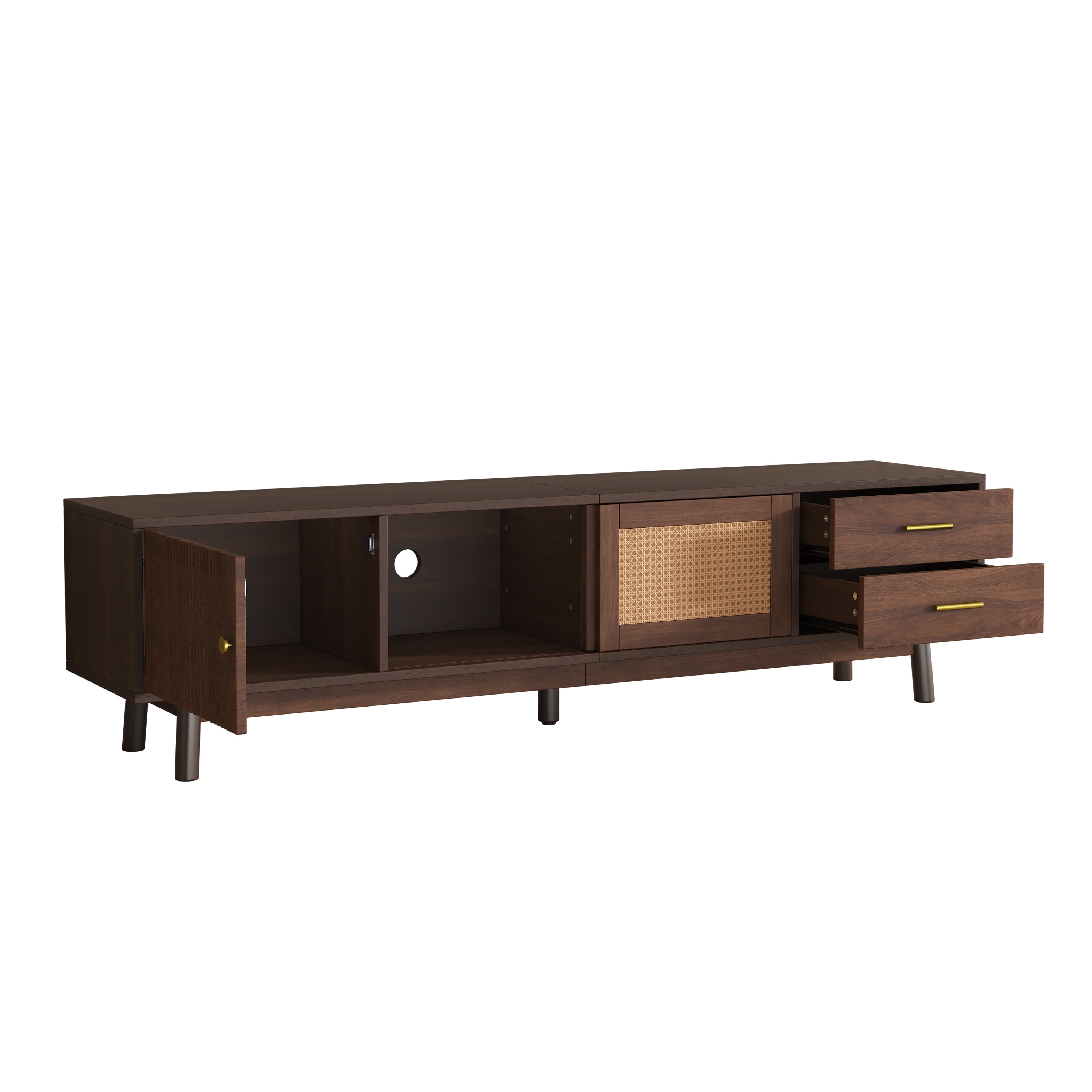 Mid Century Modern TV Stand for 80' TVs with Sliding Doors and Drawers, Dark Brown Rattan Accent Storage Unit in Solid Wood and MDF, 70.87' L x 15.35' W x 18.11' H - Grand Goldman Shop