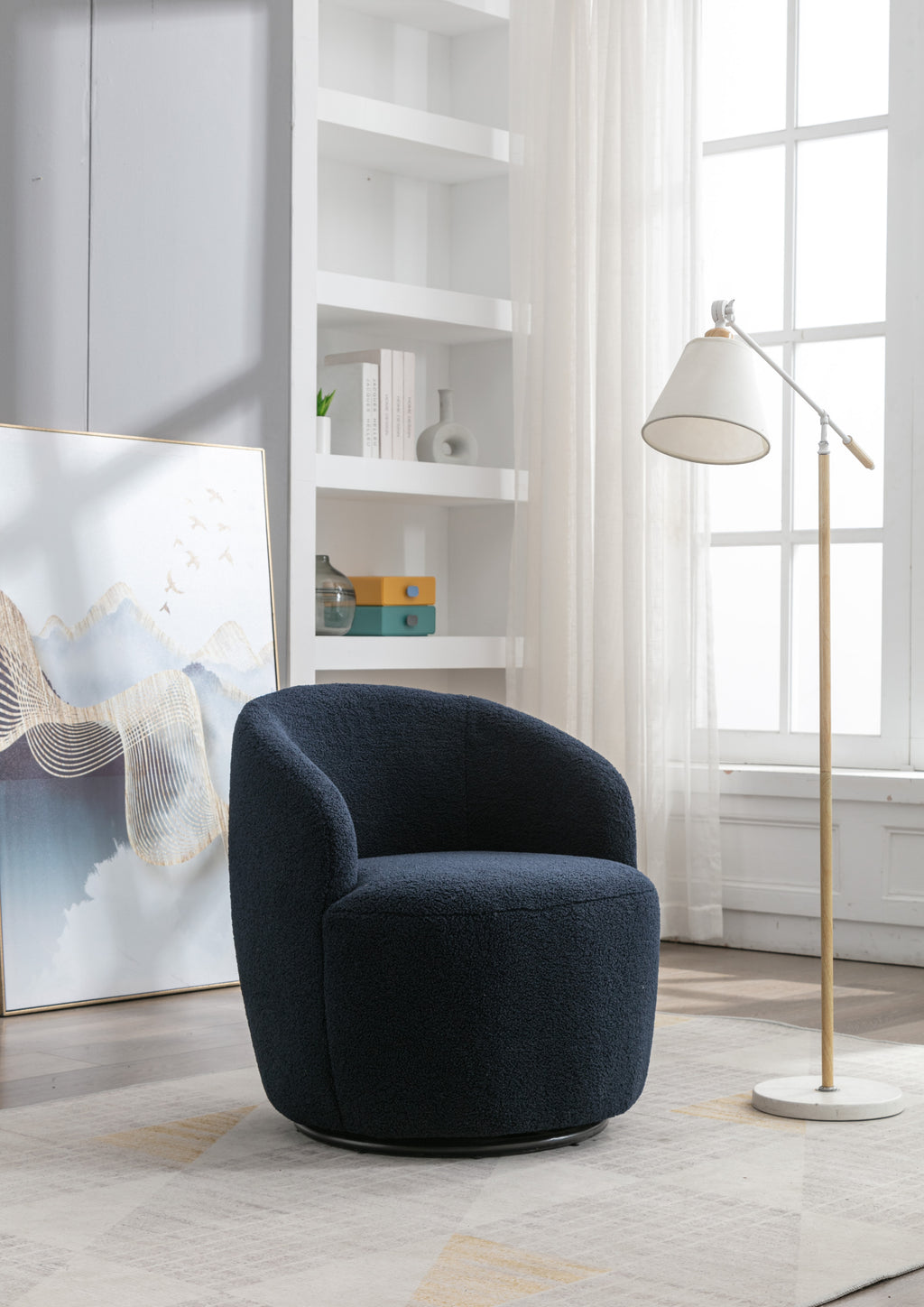 Teddy Fabric Swivel Accent Armchair Barrel Chair With Black Powder Coating Metal Ring,Dark Blue - Grand Goldman Shop