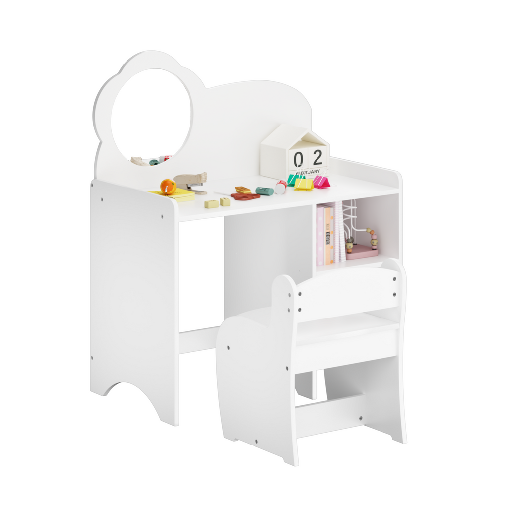 Kids Vanity Table with Mirror and Chair, Wooden Children's Dressing Makeup Desk with Storage Shelves, Study and Activity Tabl