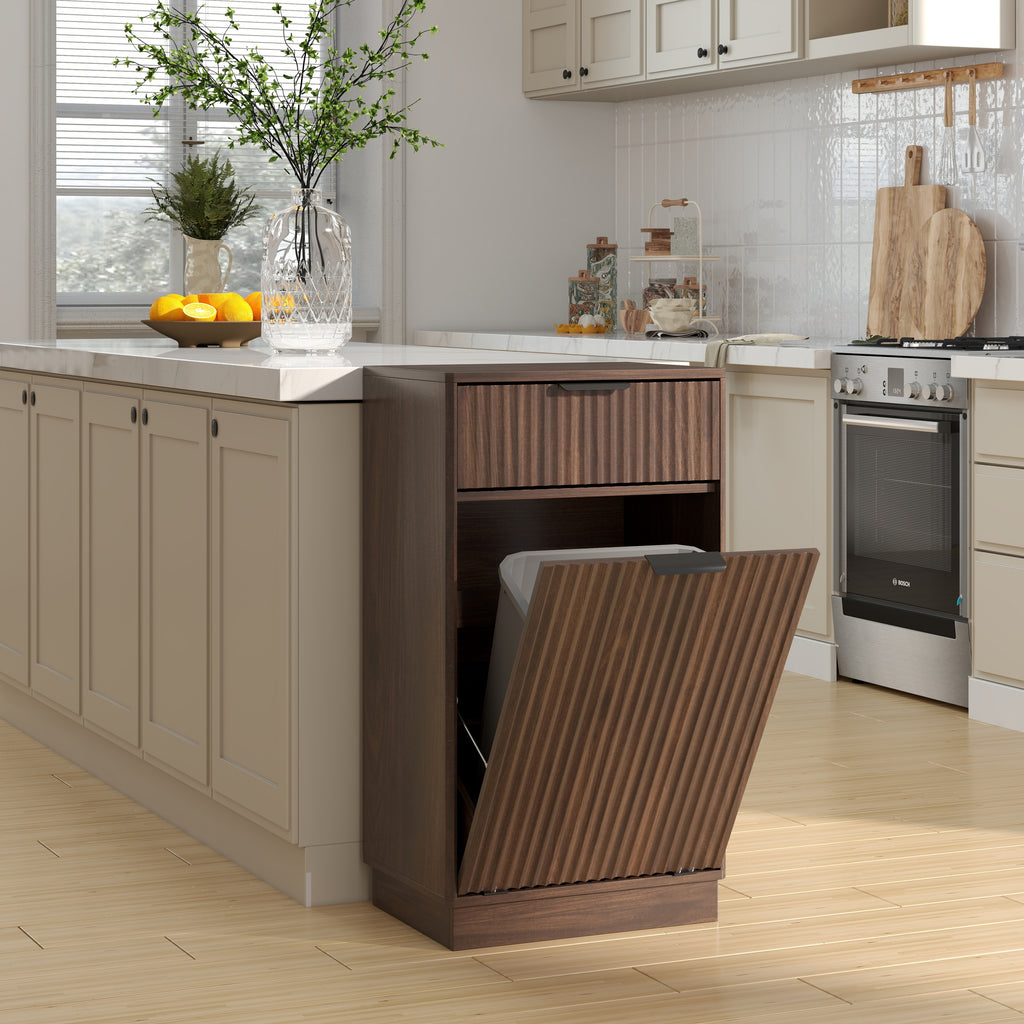 Woodgrain Tilt-Out Trash Can Cabinet with Wave-Textured Drawer & Pull-Out Bin in Walnut Finish - Grand Goldman Shop