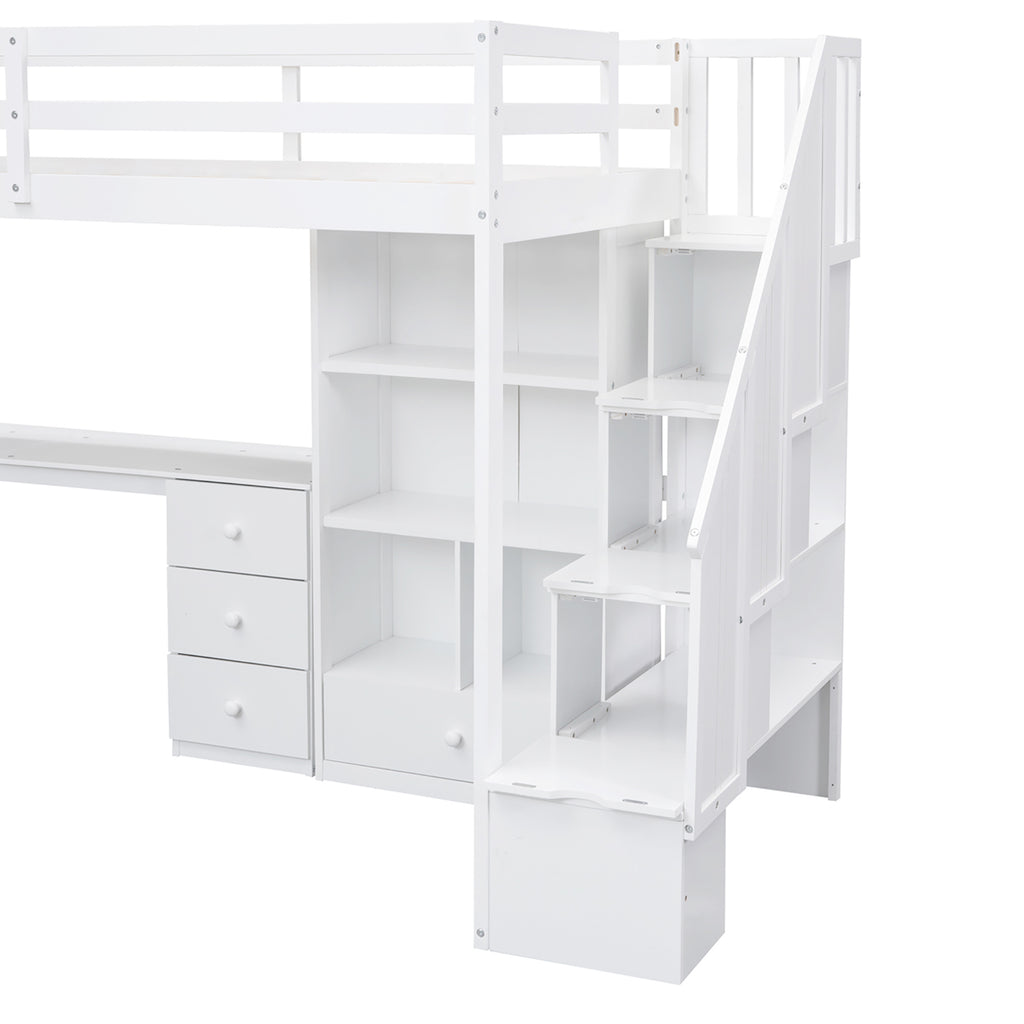 White Twin Size Loft Bed with L-Shaped Desk, Drawers, Cabinet, and Storage Staircase - Pine Wood & MDF - Grand Goldman Shop