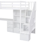 White Twin Size Loft Bed with L-Shaped Desk, Drawers, Cabinet, and Storage Staircase - Pine Wood & MDF - Grand Goldman Shop