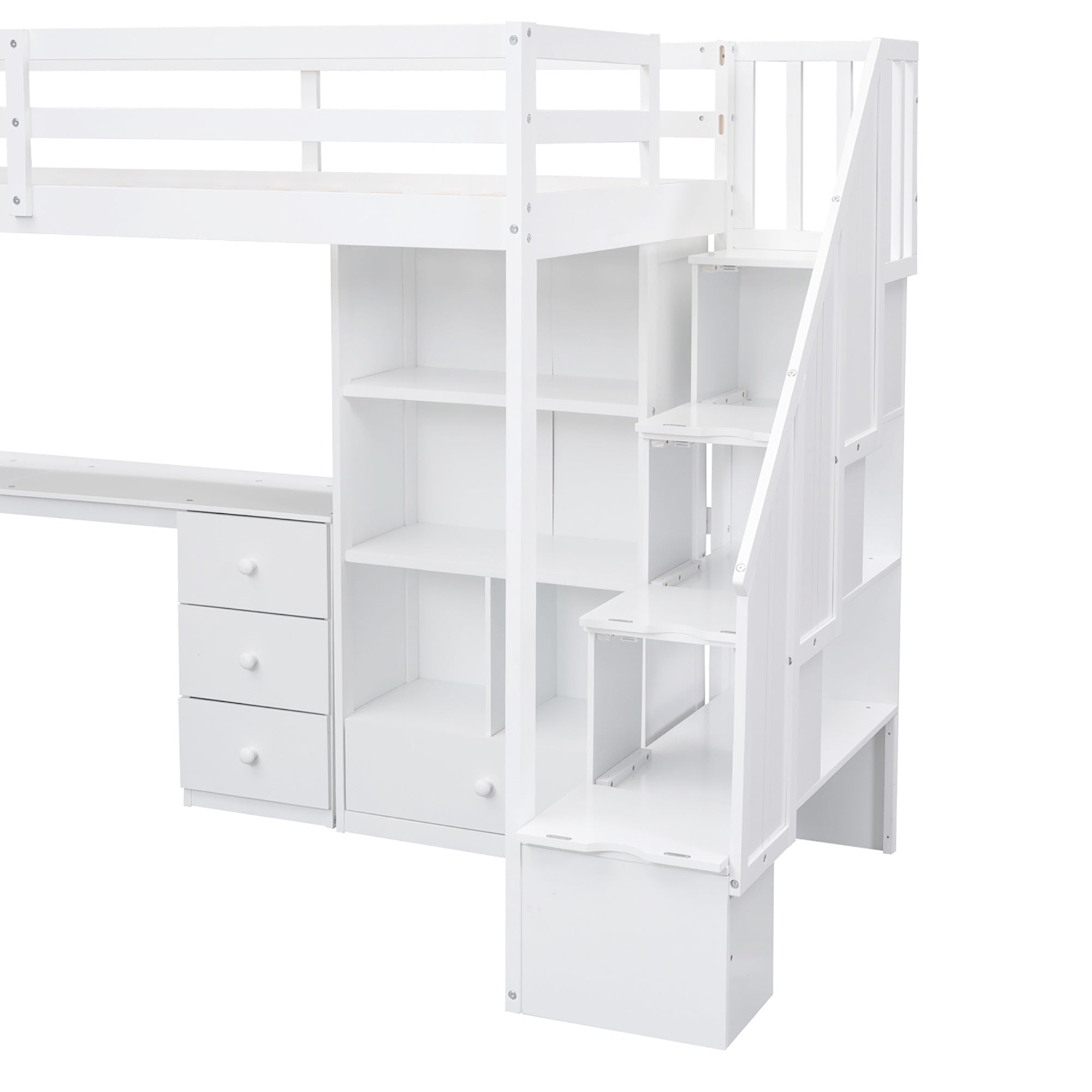 White Twin Size Loft Bed with L-Shaped Desk, Drawers, Cabinet, and Storage Staircase - Pine Wood & MDF - Grand Goldman Shop
