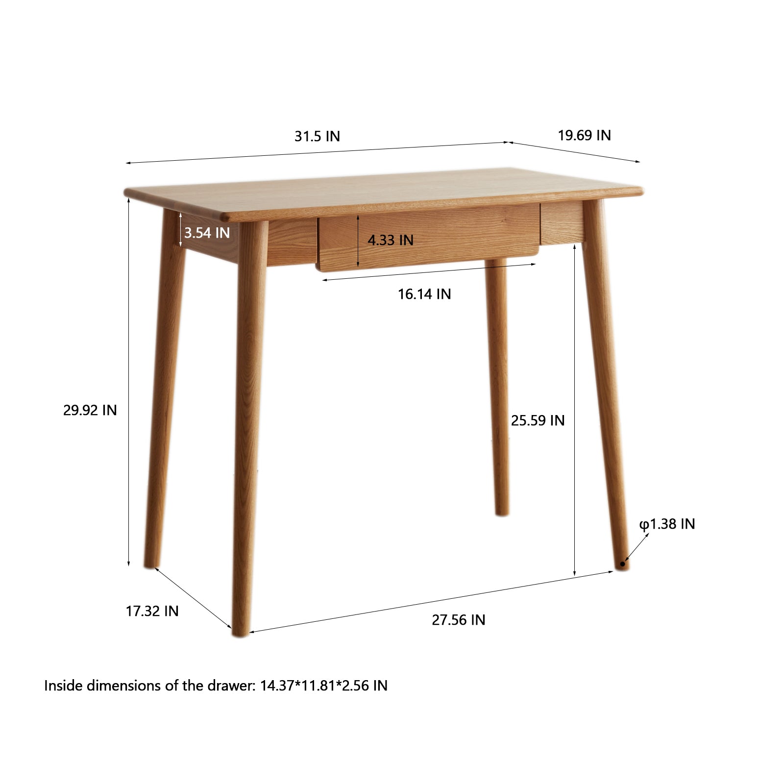 Desk 100% solid wood natural wood computer desk study desk oak natural wood PC desk work desk dressing table slim solid wood with drawer simple work from home width 80 cm depth 50 cm wood grain wooden - Grand Goldman Shop