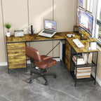 Industrial L-Shaped Computer Desk with Power Outlets & USB-C, Rustic Brown Metal Frame, 6 Fabric Drawers, 3 Open Shelves, Mov