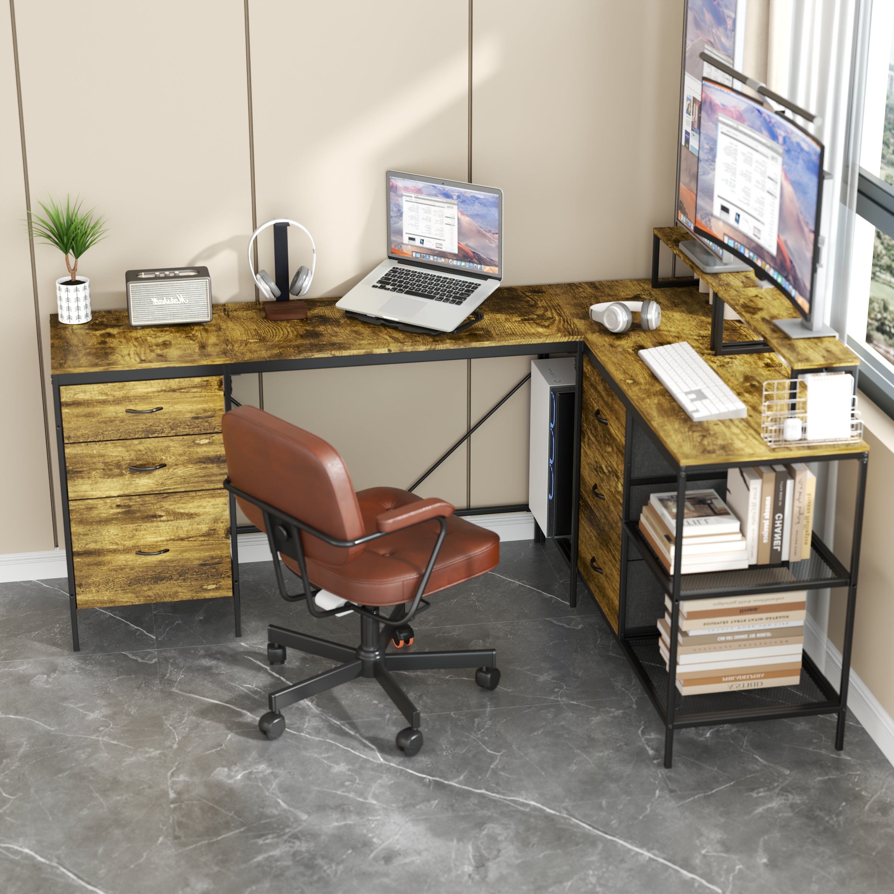 Industrial L-Shaped Computer Desk with Power Outlets & USB-C, Rustic Brown Metal Frame, 6 Fabric Drawers, 3 Open Shelves, Mov