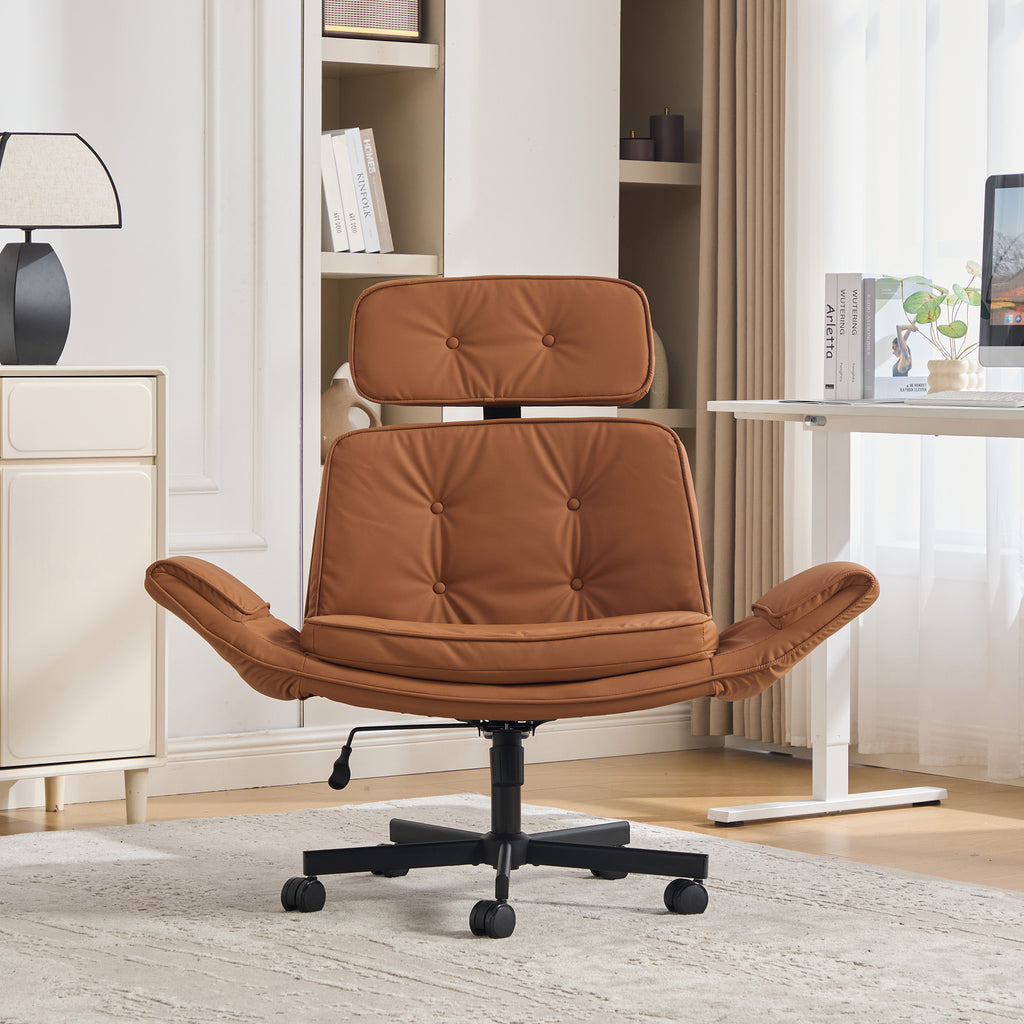 Criss Cross Chair with Adjustable Armrests & Wheels & Headrest, PU Lounge Vanity Desk Chair with Wide Seat for Cross-Legged S