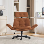 Criss Cross Chair with Adjustable Armrests & Wheels & Headrest, PU Lounge Vanity Desk Chair with Wide Seat for Cross-Legged S